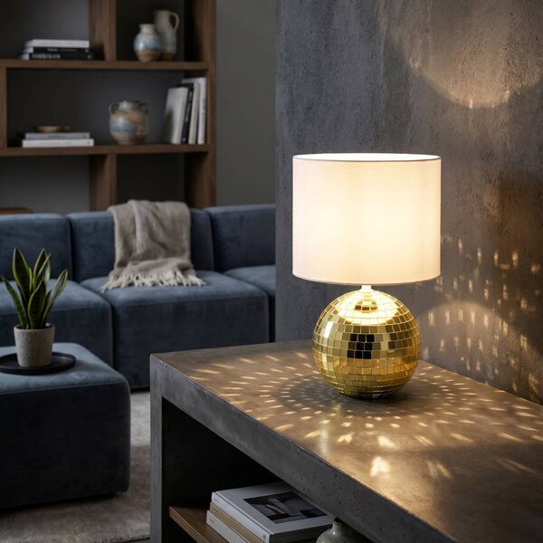 Reality Leuchten Stolová lampa Glitza, zlatá/biela, textil, plast, E14, Mosadz / zlato, Obývacia izba / jedáleň, Plast, Moderný, Stojacie svietidlo