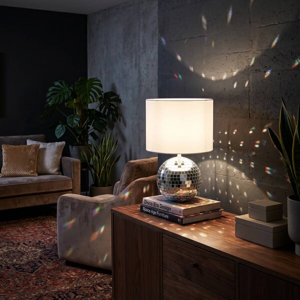 Reality Leuchten Stolová lampa Glitza, chróm/biela, textil, plast, E14, Chrómová / strieborná, Obývacia izba / jedáleň, Plast, Moderný, Stojacie svietidlo
