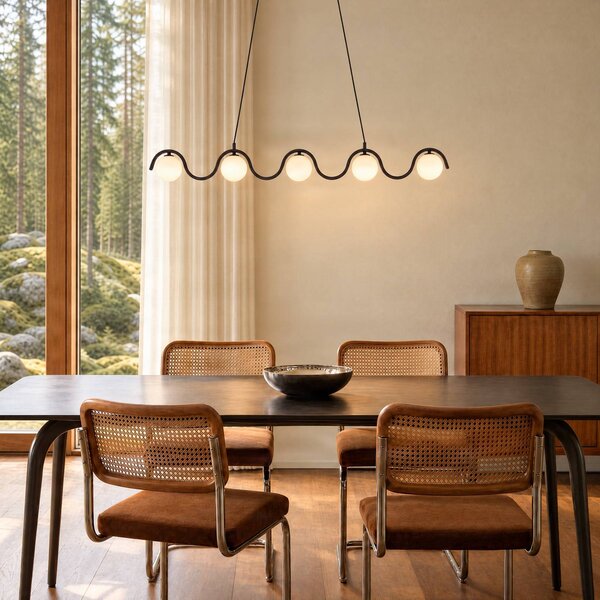 EMIBIG LIGHTING Závesné svietidlo Sinus 5, čierne/opálové, sklo, dĺžka 110 cm, Čierna, Obývacia izba / jedáleň, Sklo, Moderný, Závesné svietidlo