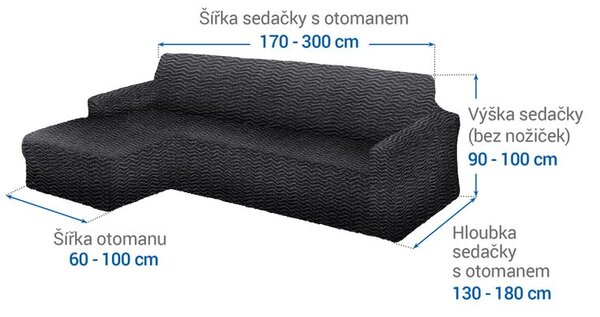 Bielastické poťahy CRISTINA antracitová sedačka s otomanom vľavo (š. 170 - 300 cm)