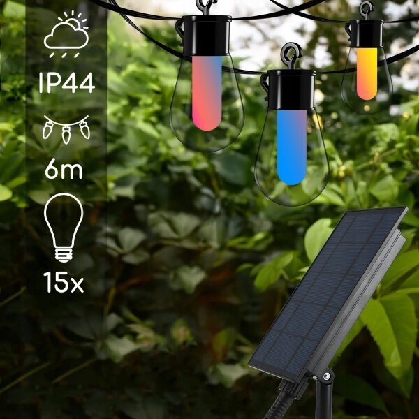 LED RGB solárna dekoratívna svetelná reťaz 15xLED/18 funkcií USB 6 m IP44 čierna