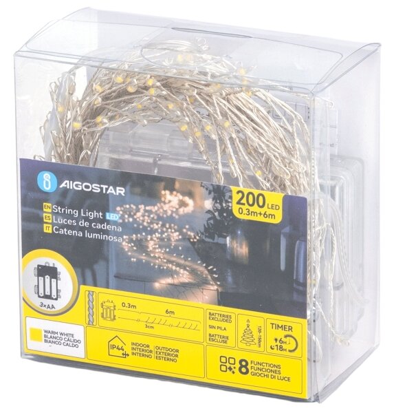 Aigostar - LED vonkajší vianočný reťaz 200xLED/8 funkcií 3xAA 6,3m IP44 teplá biela