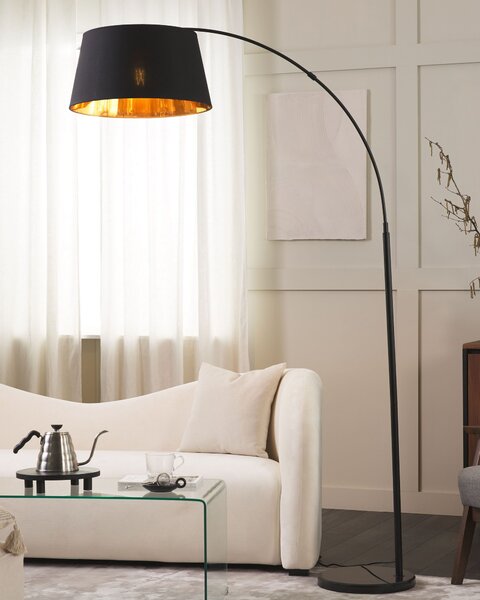 Stojaca lampa čierna medená kov mramorový podstavec bavlnené okrúhle tienidlo 197 cm moderný glamour štýl osvetlenie