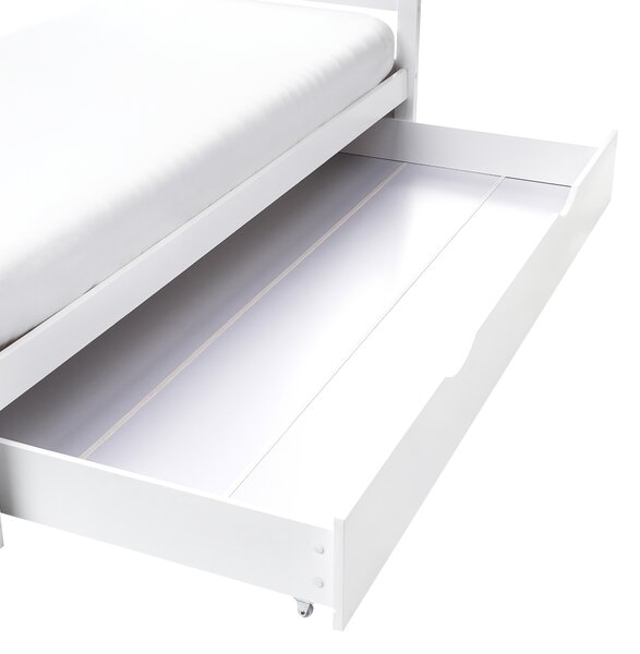 Detská posteľ biela borovicové drevo 90 x 200 cm tvar domčeka jednolôžko pre deti s úložnými zásuvkami lamelový rám postele