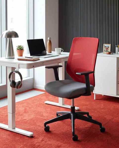 Kancelárska stolička červená tkanina sieťovina čalúnená otočná nastaviteľné sedadlo a operadlo k počítaču moderný štýl kancelária