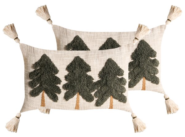 Sada 2 dekoratívnych vankúšov béžová zelená bavlna so strapcami vianočný motív 30 x 50 cm obdĺžnikový tvar Vianoce doplnky obývačka spálňa