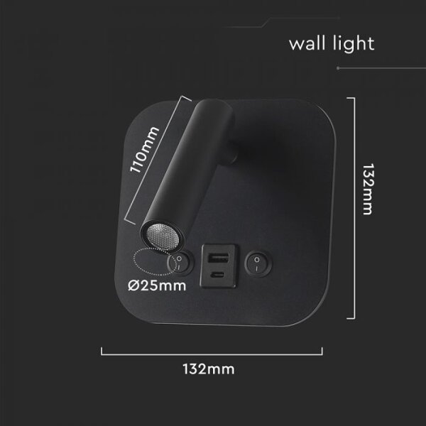 LED nástenné bodové svietidlo s USB portom LED/8W/230V 3000K čierne