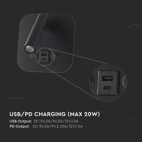 LED nástenné bodové svietidlo s USB portom LED/8W/230V 3000K čierne