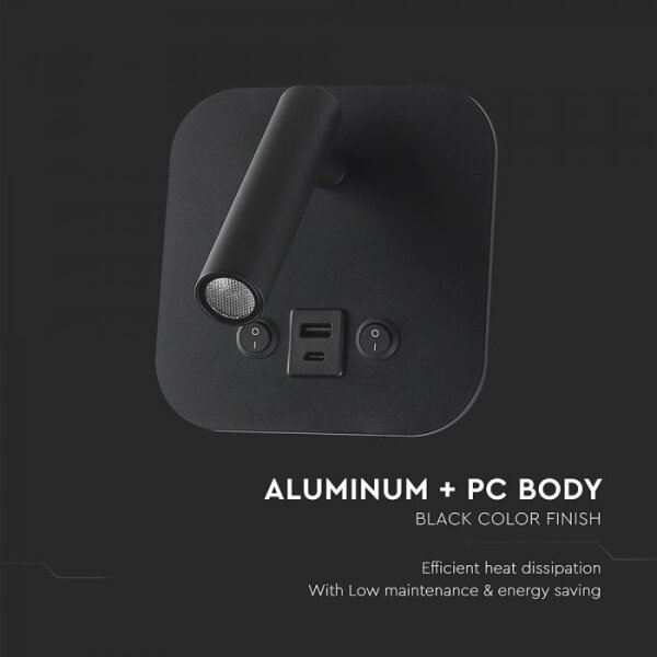 LED nástenné bodové svietidlo s USB portom LED/8W/230V 3000K čierne
