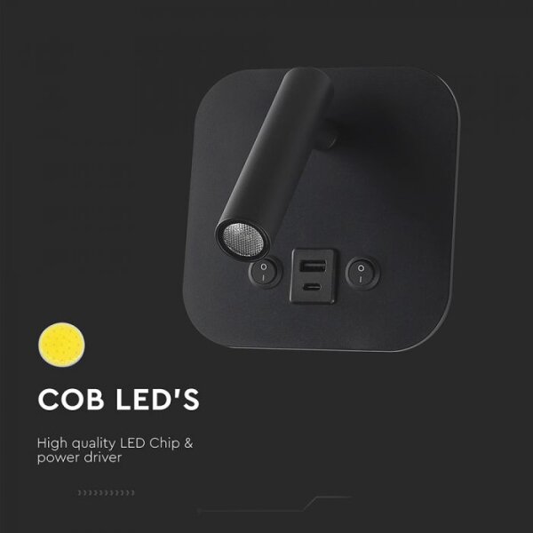 LED nástenné bodové svietidlo s USB portom LED/8W/230V 3000K čierne