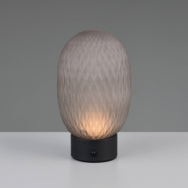 LED stolová lampa Facette, dymovo šedá, USB, sklo, Hliník / sivá / zinok, Obývacia izba / jedáleň, Sklo