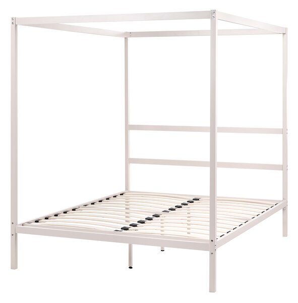 Rám postele s baldachýnom svetlobéžová kov 140 x 200 cm dvojlôžko preglejkové lamely industriálny minimalistický štýl spálňa