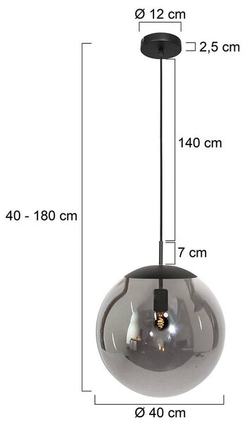 Závesné svietidlo Bollique, čierne, Ø 40 cm, sklo, 1-pl., guľa, Hliník / sivá / zinok, Obývacia izba / jedáleň, kov, Závesné svietidlo