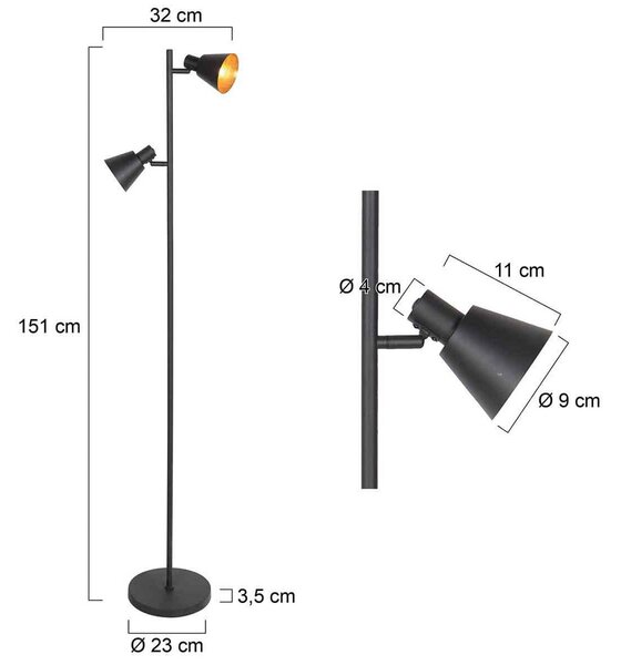 Stojacia lampa Oeroe, 2-plameňová, čierna, kov, E14, Čierna, Obývacia izba / jedáleň, kov