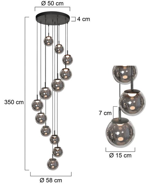LED závesné svietidlo Bollique, 12-pl. okrúhle, čierne, sklo, Hliník / sivá / zinok, Obývacia izba / jedáleň, Sklo, Závesné svietidlo