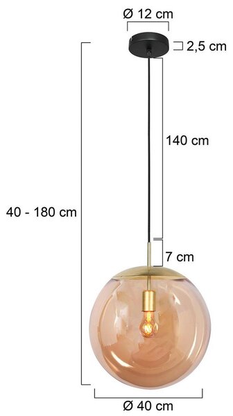 Závesné svietidlo Bollique, mosadz, Ø 40 cm, sklo, 1-pl., guľa, Krémová / jantárovo žltá, Obývacia izba / jedáleň, kov, Závesné svietidlo
