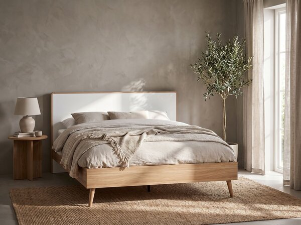 Posteľ svetlé drevo biela MDF 160 x 200 cm lamelový rošt s čelom moderný škandinávsky štýl spálňa