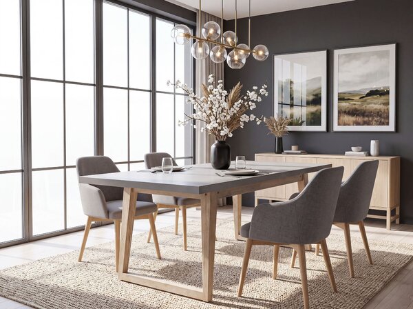 Záhradný jedálenský stôl sivá betónová vrchná doska svetlé akáciové drevo 180 x 90 cm 6-miestny moderný štýl exteriér