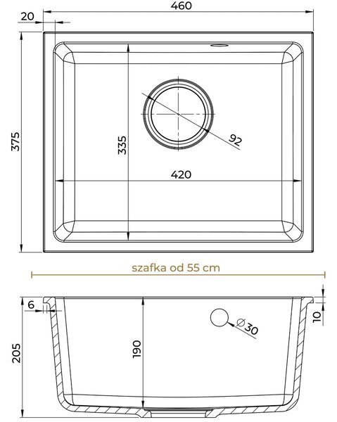 Sink Quality Crypton 55, kuchynský granitový drez 460x375x205 mm + čierny sifón, čierna, SKQ-CRY.C.1KBO.55.XB