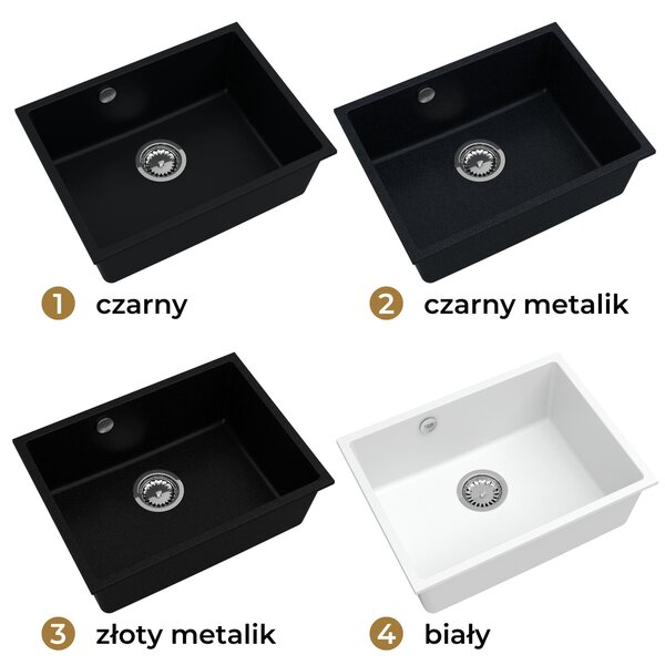 Sink Quality Crypton 60, kuchynský granitový drez 535x400x205 mm + chrómový sifón, čierna škvrnitá, SKQ-CRY.B.1KBO.60.X