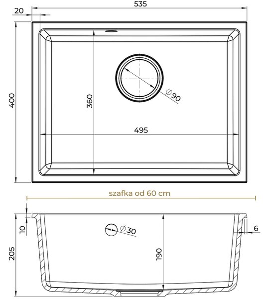 Sink Quality Crypton 60, kuchynský granitový drez 535x400x205 mm + chrómový sifón, biela, SKQ-CRY.W.1KBO.60.X