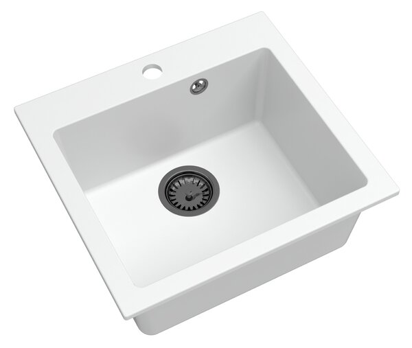 Sink Quality Ferrum 50, kuchynský granitový drez 490x450x195 mm + čierny sifón, biela, SKQ-FER.W.1K50.XB