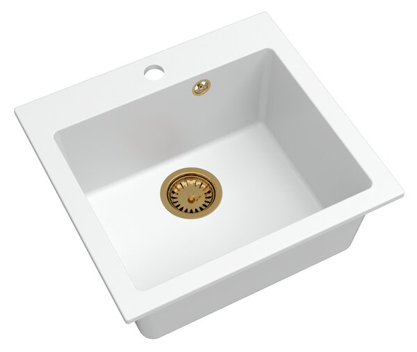 Sink Quality Ferrum 50, kuchynský granitový drez 490x450x195 mm + zlatý sifón, biela, SKQ-FER.W.1K50.XG