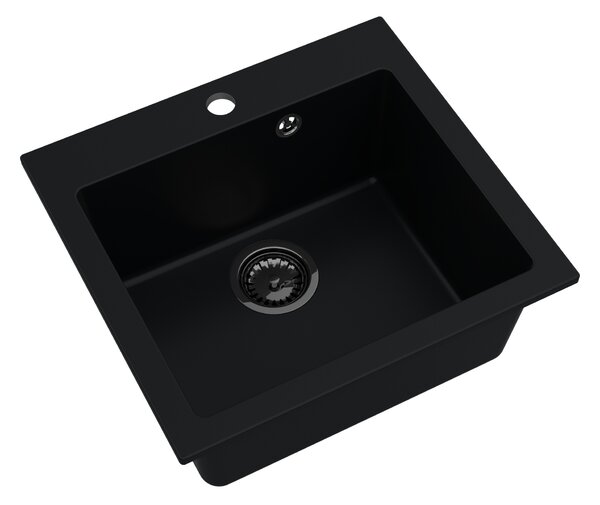 Sink Quality Ferrum 50, kuchynský granitový drez 490x450x195 mm + čierny sifón, čierna, SKQ-FER.C.1K50.XB
