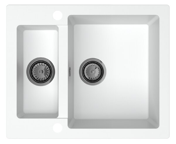 Sink Quality Ferrum, kuchynský granitový drez 605x495x210 mm + čierny sifón, biela, SKQ-FER.W.5KBO.XB