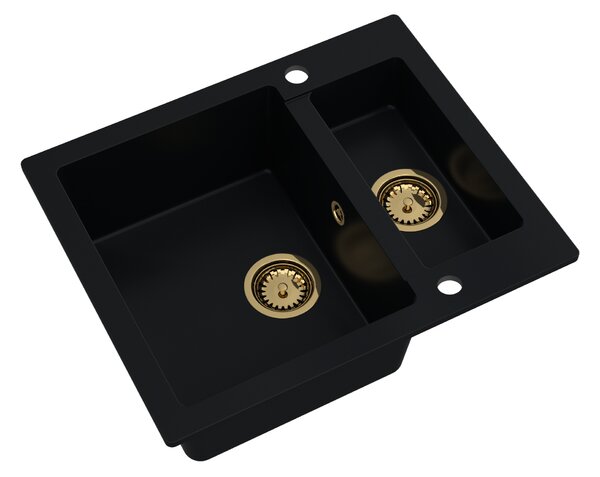 Sink Quality Ferrum, kuchynský granitový drez 605x495x210 mm + zlatý sifón, čierna, SKQ-FER.C.5KBO.XG