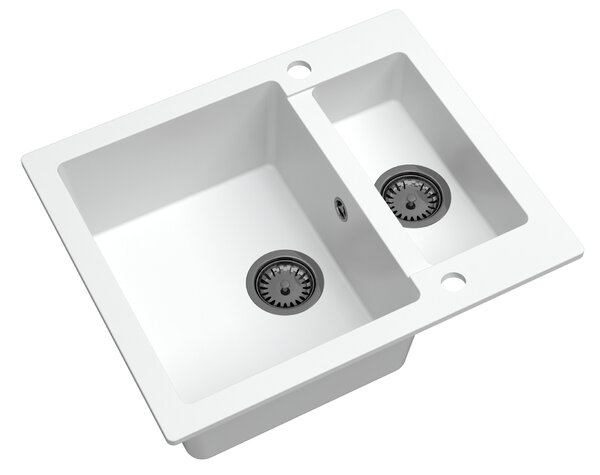 Sink Quality Ferrum, kuchynský granitový drez 605x495x210 mm + čierny sifón, biela, SKQ-FER.W.5KBO.XB