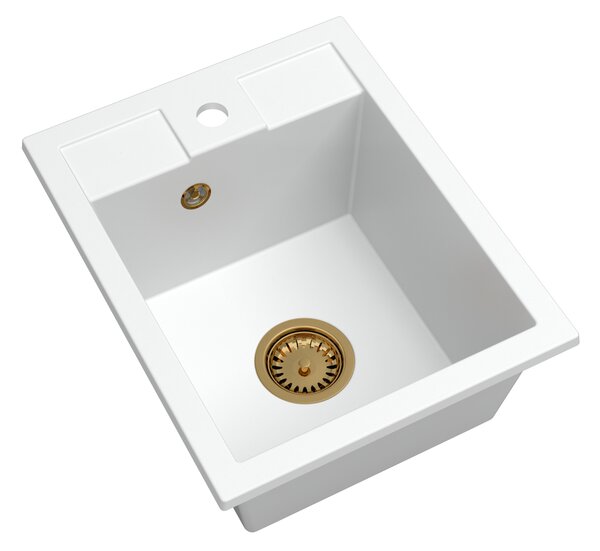 Sink Quality Ferrum 40, kuchynský granitový drez 400x500x195 mm + zlatý sifón, biela, SKQ-FER.W.1K40.XG