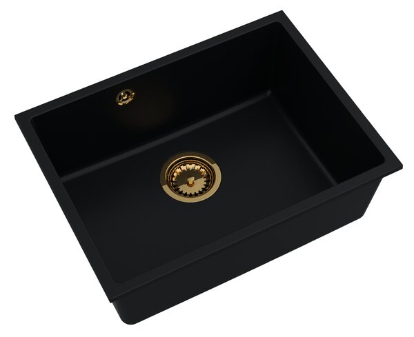 Sink Quality Crypton 60, kuchynský granitový drez 535x400x205 mm + zlatý sifón, čierna, SKQ-CRY.C.1KBO.60.XG