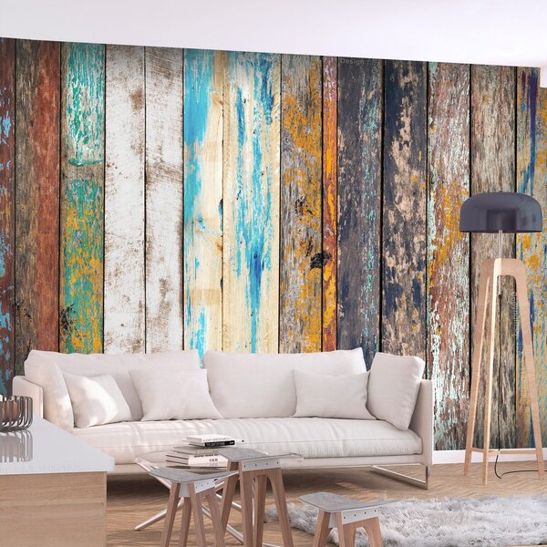 Samolepiaca tapeta farebná drevena stena - Wooden Rainbow - 147x105
