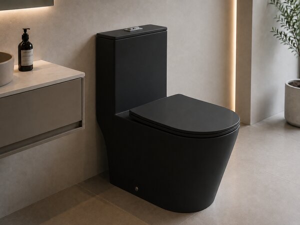 CERANO - WC kombi Marmo, Double Vortex + Slim / UF sedátko - spodný / zadný odpad - čierna matná - 70x36 cm