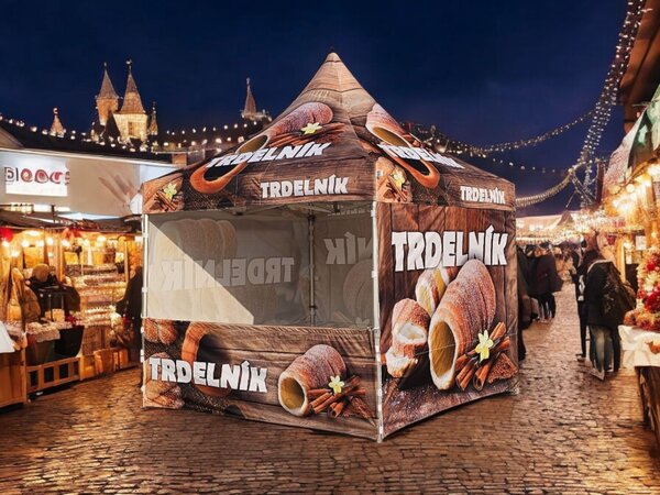 TENTino SET - Nožnicový párty stan 3x3 m s grafikou TRDELNÍK Plachtovina (nůžk.stany s potiskem): polyester 230 g/m2, Typ konštrukcie: STEEL HEXAGON, POTLAČ - strecha + bočnice: střecha + 3x boční strana