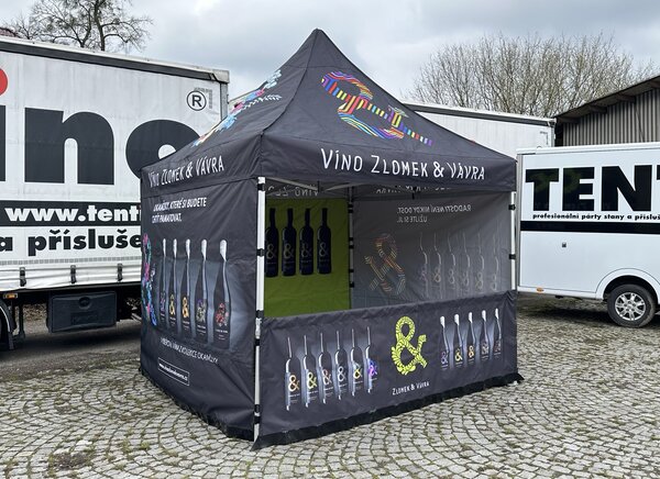TENTino SET - Nožnicový párty stan 3x3 m EXTRA HIGH ROOF s jednostrannou potlačou Plachtovina (nůžk.stany s potiskem): polyester 300 g/m2, Typ konštrukcie: BIG HEXAGON S VYŠŠÍ ŠPICÍ, POTLAČ - strecha + bočnice: střecha + 4x boční strana
