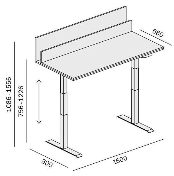 Výškovo nastaviteľný stôl SINGLE LAYERS, 160x80 cm, 2 motory, s prepážkami, biela/sivá