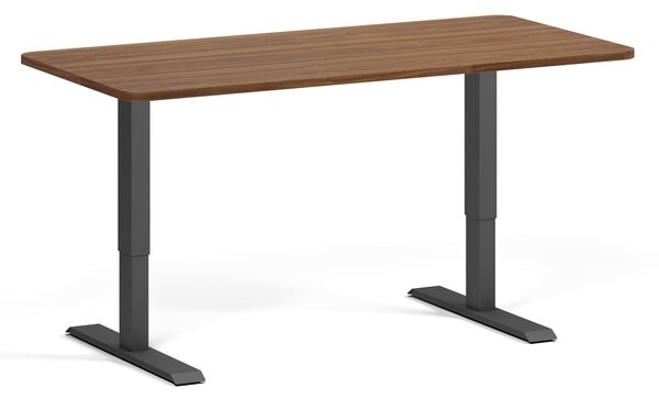 Výškovo nastaviteľný stôl, 160x80 cm, 1 motor, zaoblené rohy, čierna podnož, orech