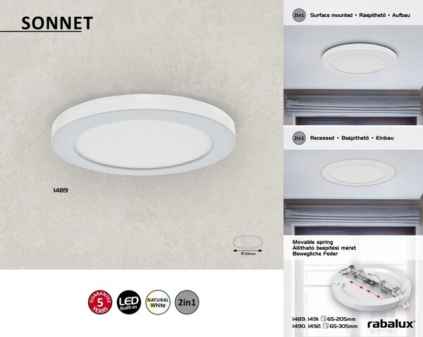Rabalux LED stropné svietidlo Sonnet 1x18W | 1880lm | 4000K | IP20 - priemer 22,5 cm, biele