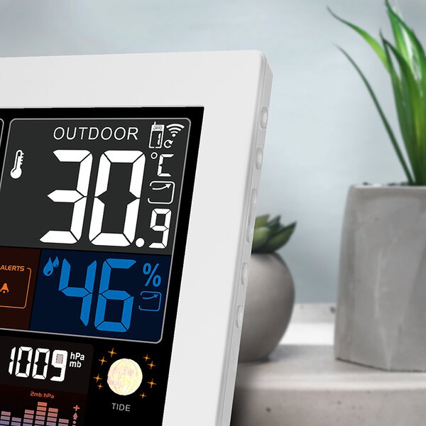 SOLIGHT Meteostanica, extra veľký farebný LCD, teplota, vlhkosť, tlak, RCC, USB nabíjanie, biela