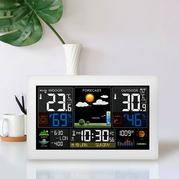 SOLIGHT Meteostanica, extra veľký farebný LCD, teplota, vlhkosť, tlak, RCC, USB nabíjanie, biela