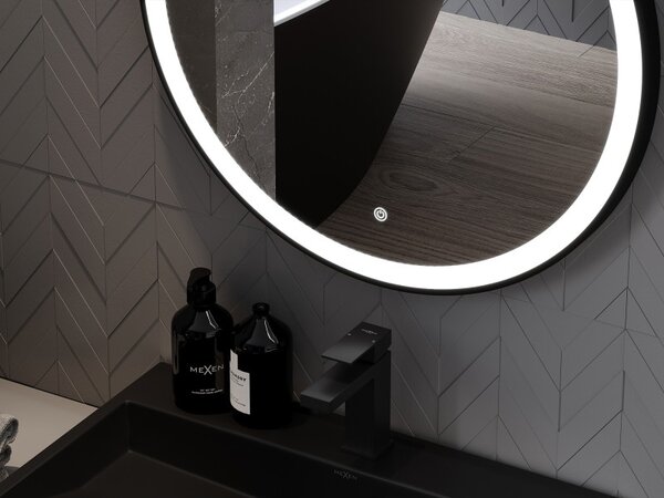 Mexen Esso podsvietené kúpeľňové zrkadlo, okrúhle 60 cm, LED 6000K, proti zahmlievaniu, čierny rám - 9825-060-060-611-70