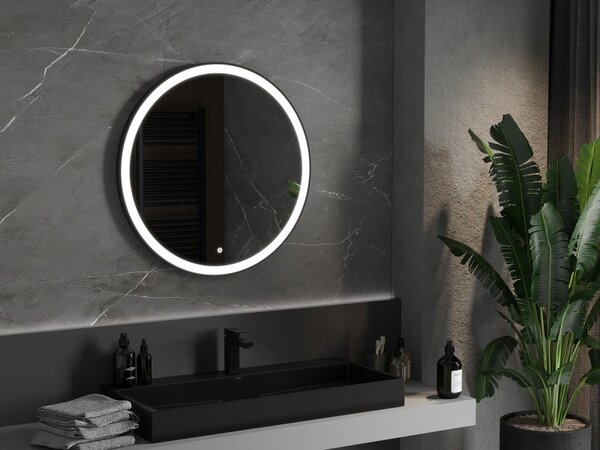 Mexen Esso kúpeľňové zrkadlo s podsvietením, okrúhle 80 cm, LED 6000K, anti-pára, čierny rám - 9825-080-080-611-70