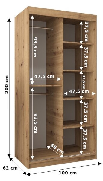 NovýNábytok.sk Šatníková skriňa 100 cm Toki 1 (Čierna matná + Dub artisan). Akcia -72%. Vlastná spoľahlivá doprava až k Vám domov. 1064879