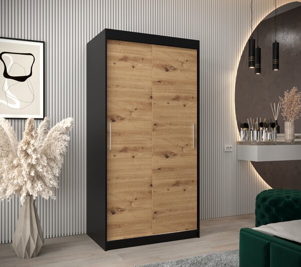 NovýNábytok.sk Šatníková skriňa 100 cm Toki (Čierna matná + Dub artisan). Akcia -41%. Vlastná spoľahlivá doprava až k Vám domov. 1064795