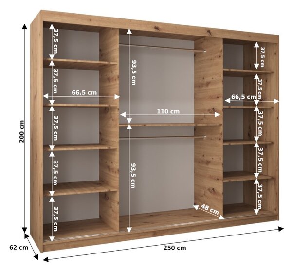 NovýNábytok.sk Šatníková skriňa 250 cm Toki 1 (Čierna matná + Dub artisan). Akcia -52%. Vlastná spoľahlivá doprava až k Vám domov. 1064949