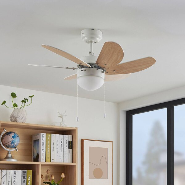Lindby Stropný ventilátor Minja, biely, drevo, Biela / opálová, Obývacia izba / jedáleň, kov, Moderný