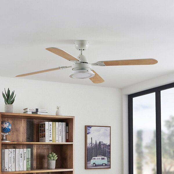 Stropný ventilátor Lindby LED Tedric, biely, tichý, Ø 133 cm, Biela / opálová, Obývacia izba / jedáleň, kov, Vintage