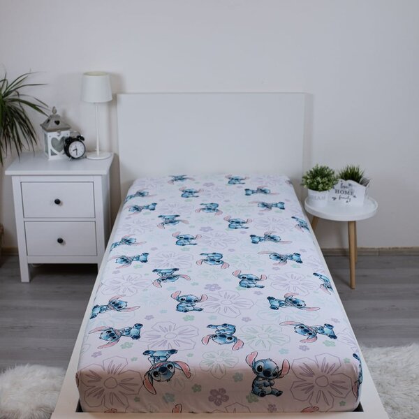 Biela napínacia bavlnená detská plachta na jednolôžko 90x200 cm Lilo and Stitch "Ohana White" – Jerry Fabrics
